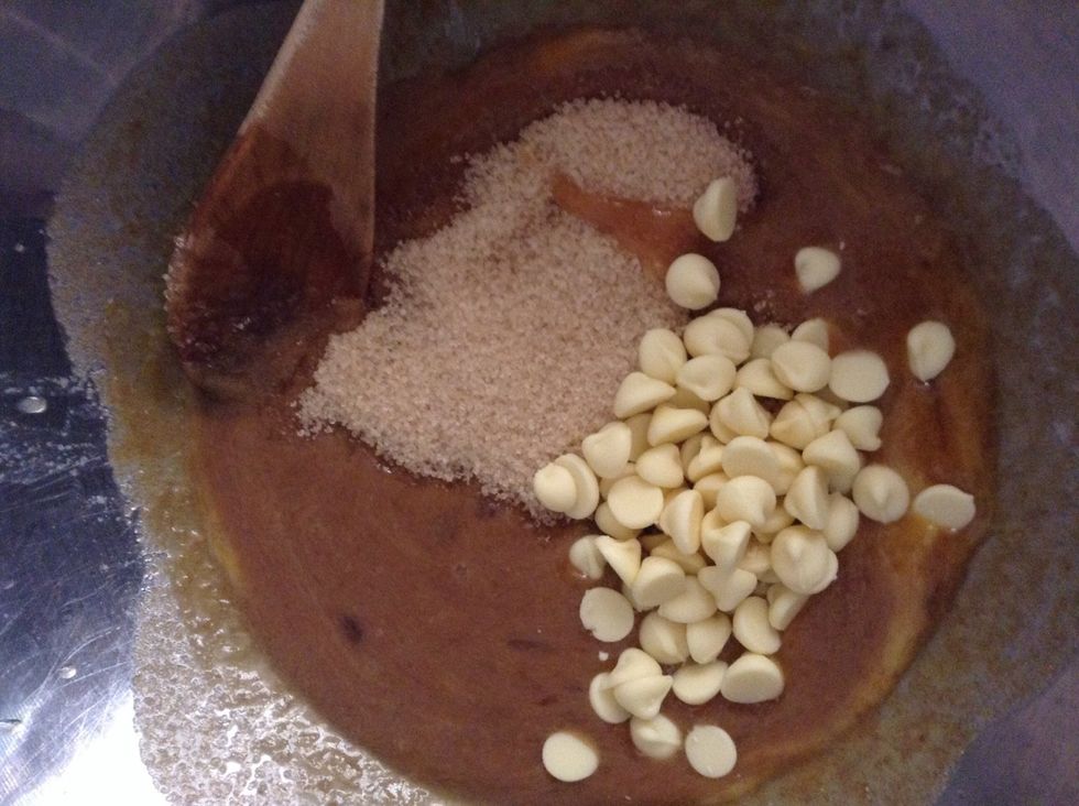 Once those ingredients have combined, add your choc-chips and raw sugar. If you're making chocolate cookie cups then add your cocoa in this step.