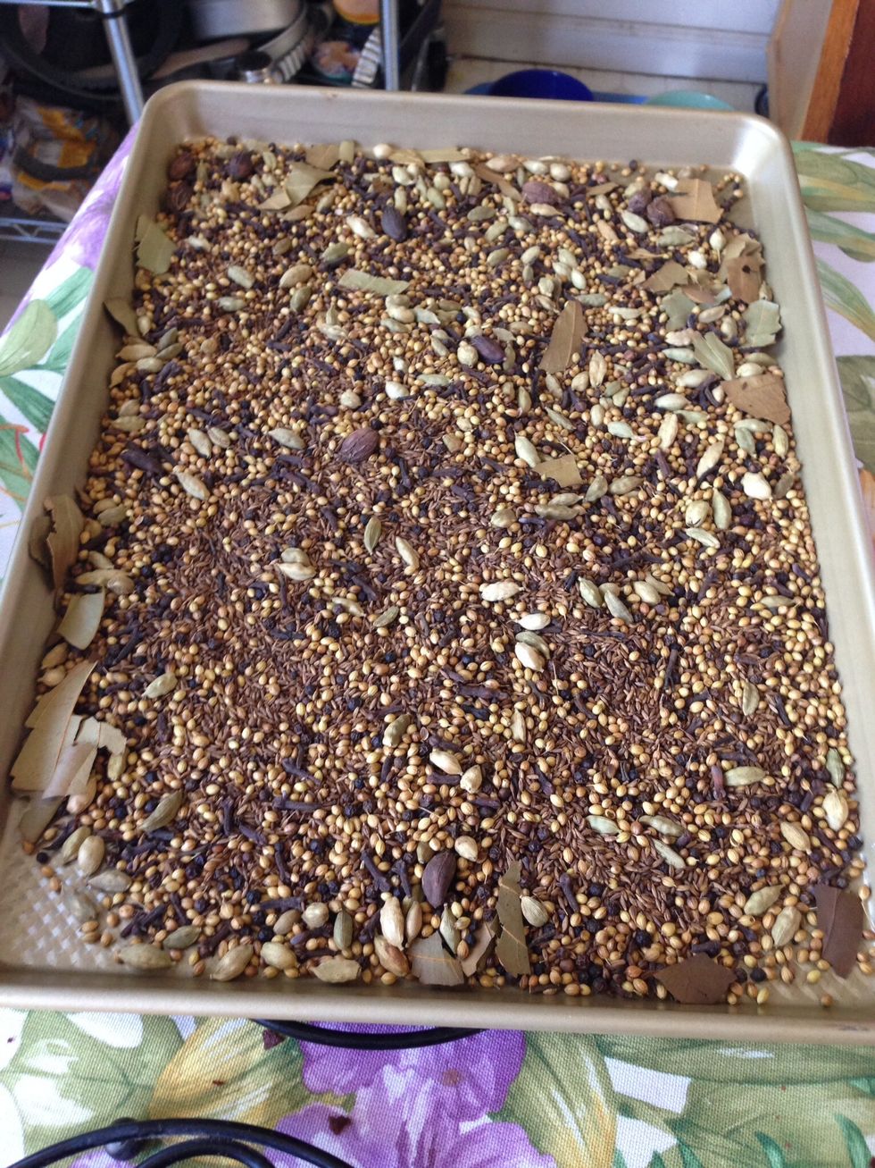 Once toasted remove the spices from the pan and spread on a large baking sheet. Place on cooling rack and allow the spices to cool completely. About an hour.