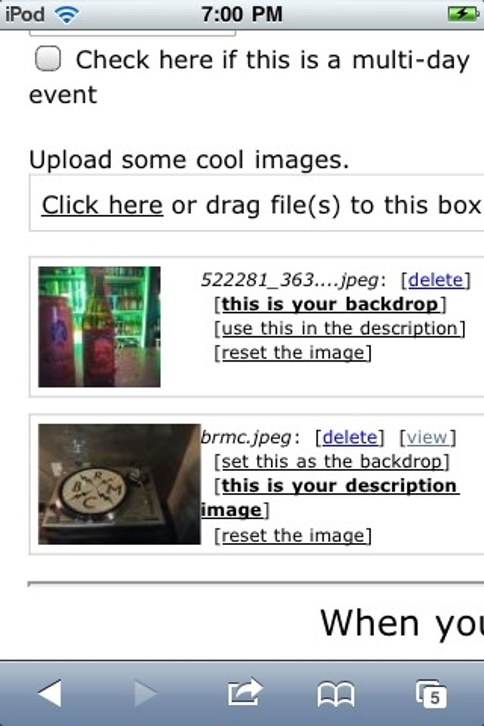 Once uploaded, your images will appear as thumbnails. The top image will be my background; the bottom one will be chilling in the event description. Nice!