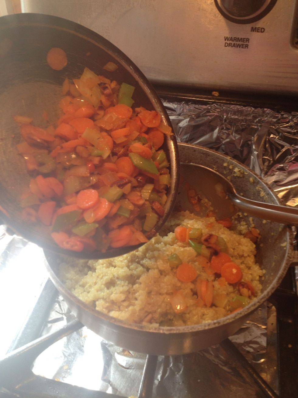 Once veggies are cooked add to quinoa