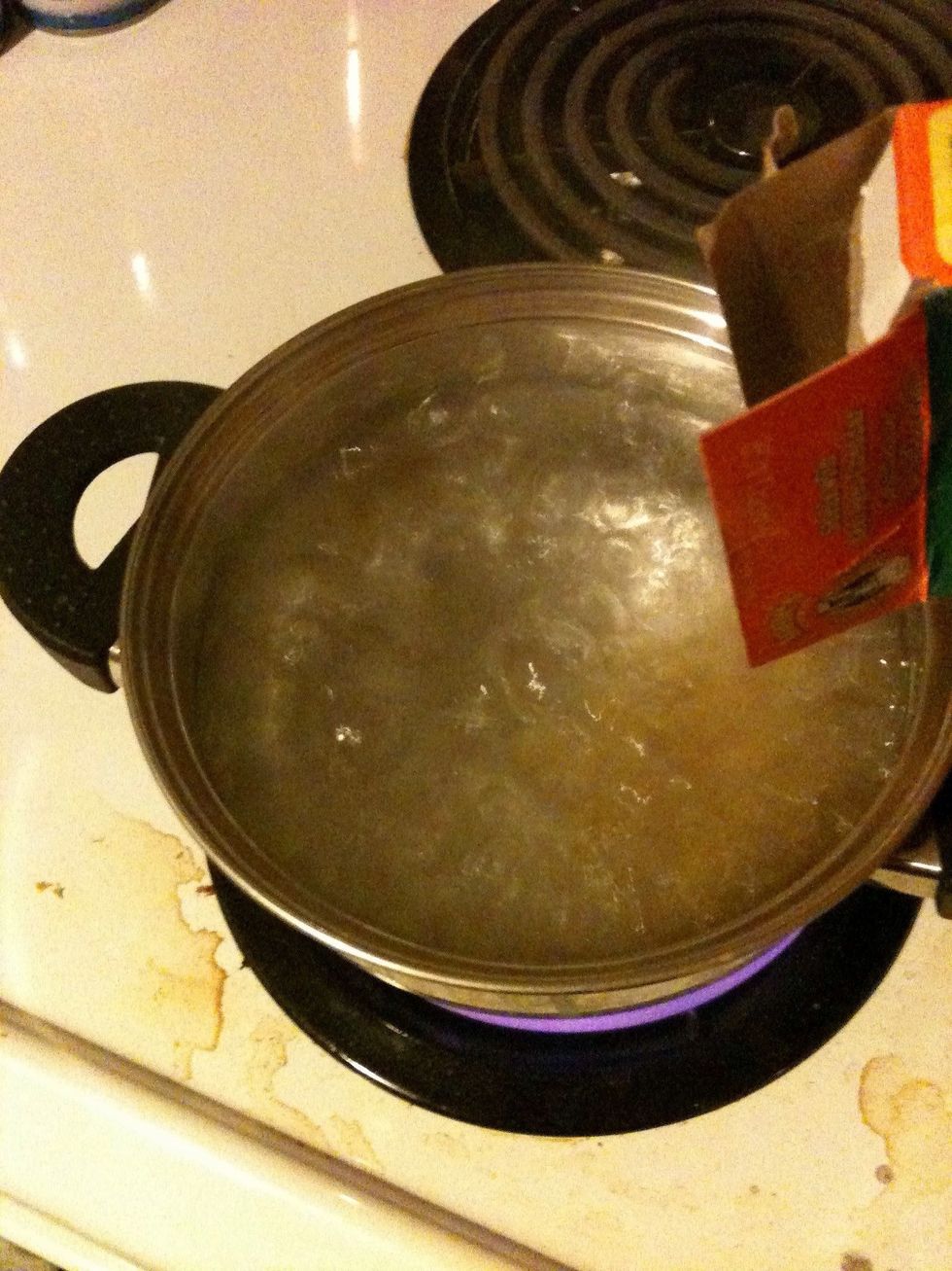 Once water boils, add box of pasta and cook for 8-10 min. (Or if you use a different pasta, follow the cooking time on its box/bag) (Gah! Also please ignore my dirty stovetop, I cook A LOT).