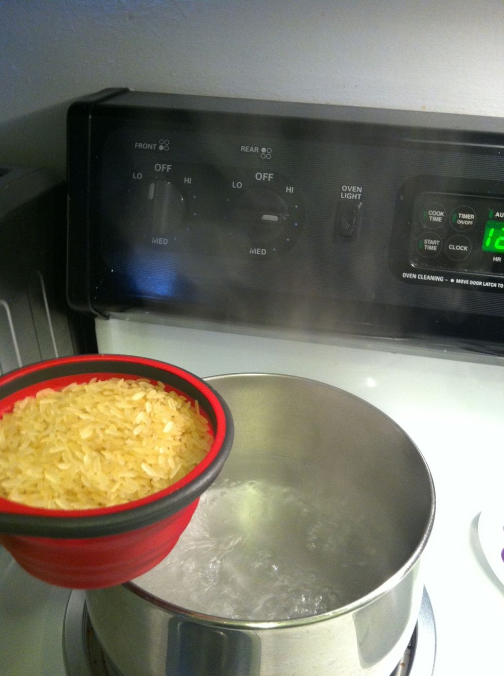 Once water I brought to a boil, add two cups of rice