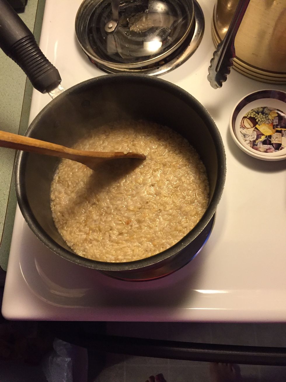 Once water is boiling, add the 3 cups of rice