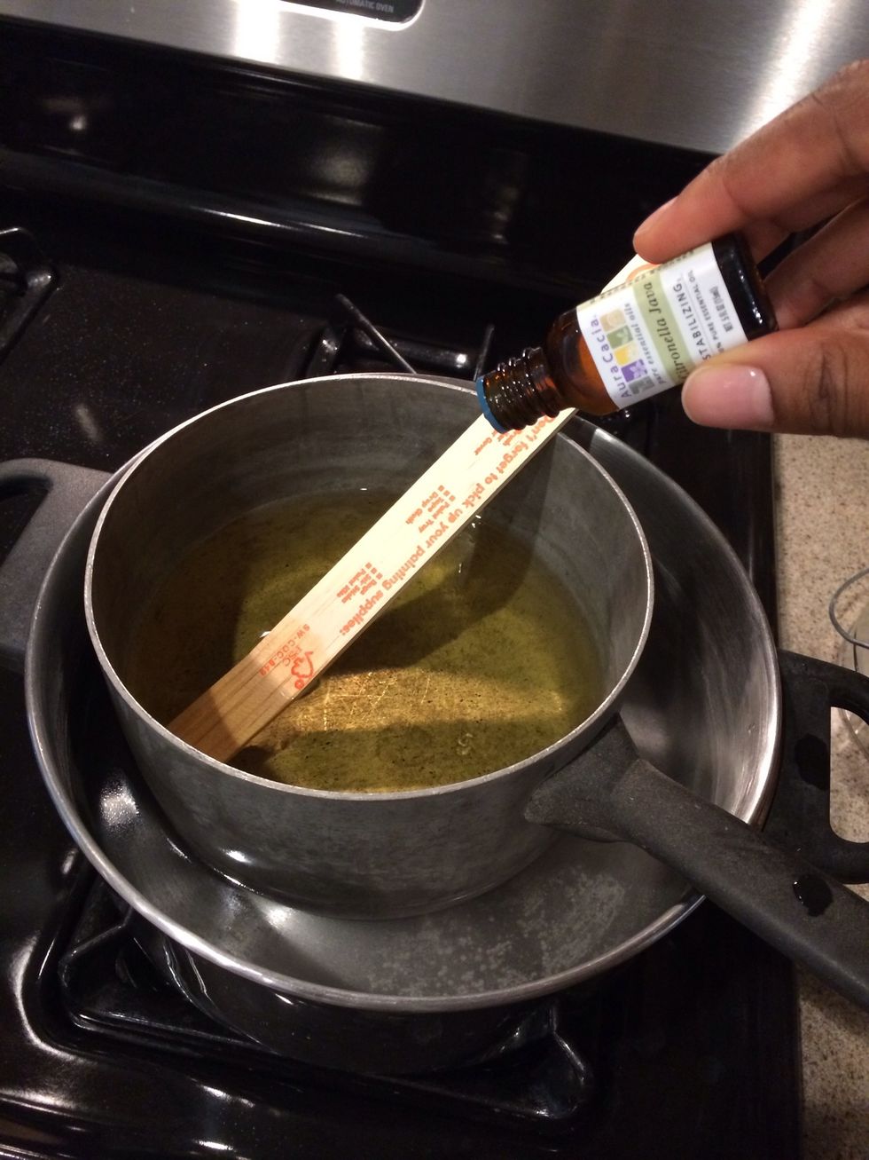 Once wax is completely melted add oils. Add 10 drops of citronella oil per cup. 2, 2lb bags of soy wax = 8 cups.