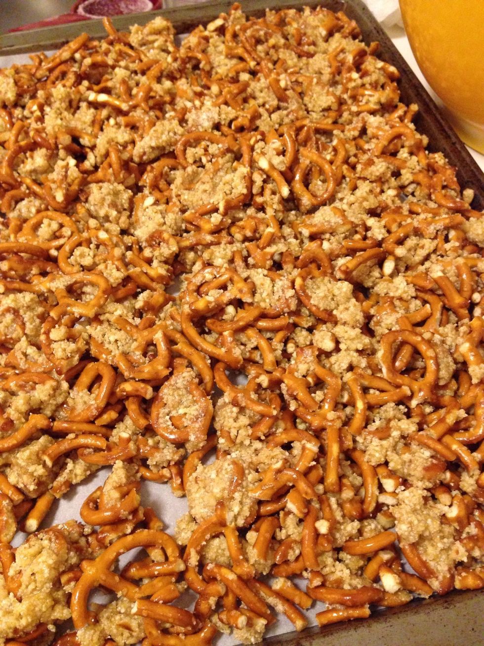 Once well combined, spread out on a lined cookie sheet and bake in a preheated 275*F oven for 20 minutes or until golden brown. This will make your house smell AMAZING!