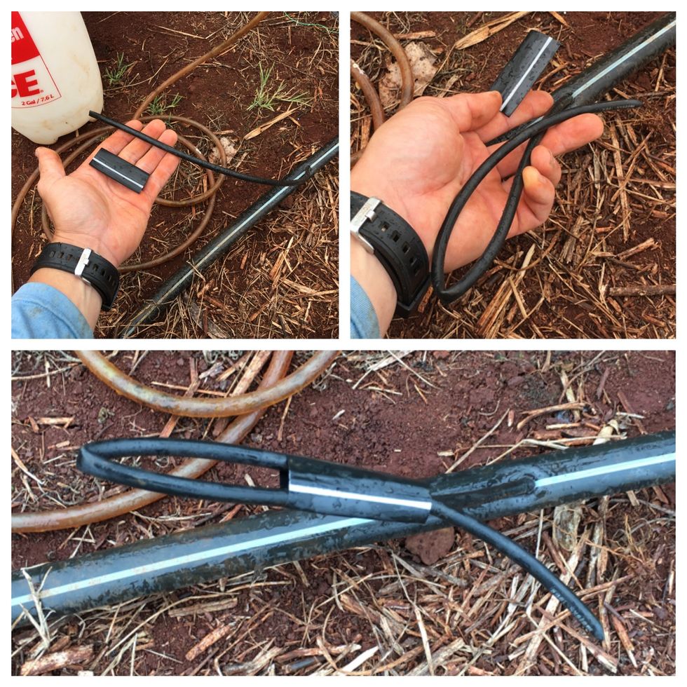 Once you are done injecting. Remove the 1/4" poly tube from the 1/4" vinyl hose and fold the poly tube in half. Secure using a small piece of drip tape or poly tube.