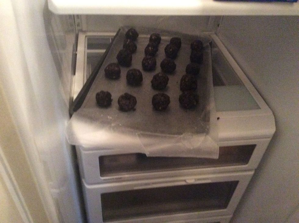 Once you are done rolling them into balls and have place them on the cookie sheet set them in the fridge to cool for 30 min. to an hour (long enough to get throughly cold)