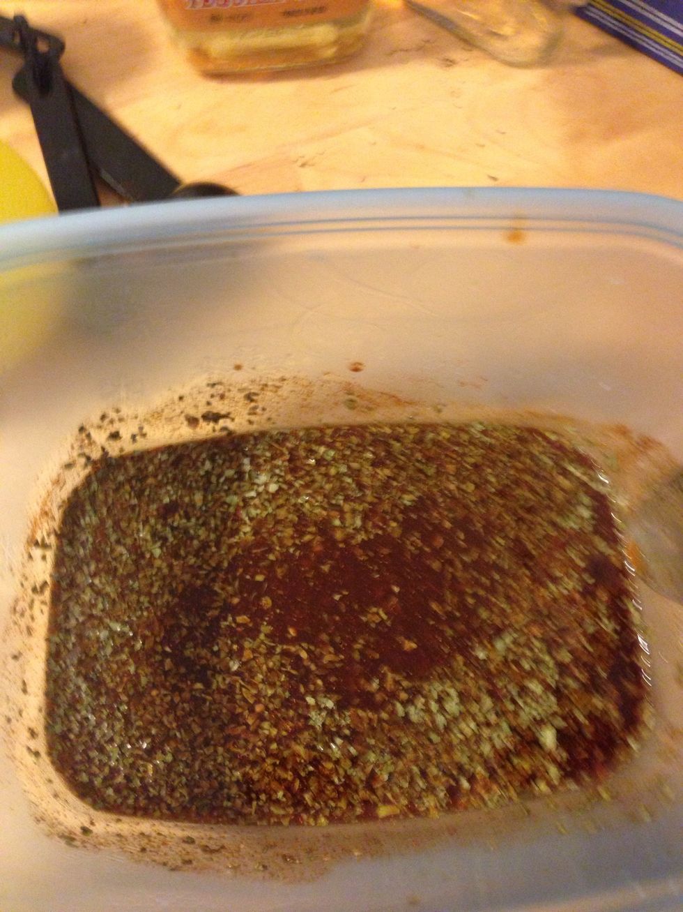 Once you are finished, mix all the ingredients together. Separate a small portion (~1 oz) into another bowl for the onions later. (I forgot to do this, so sorry for no photo)