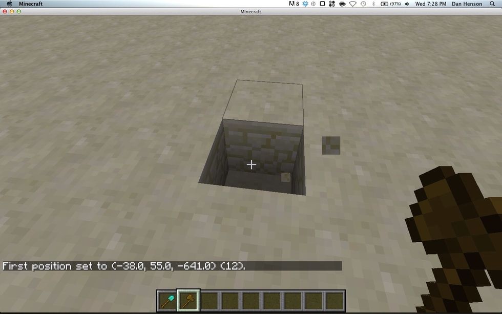Once you are finished with the shape, select a corner by left clicking with the wooden axe (get it with //wand).