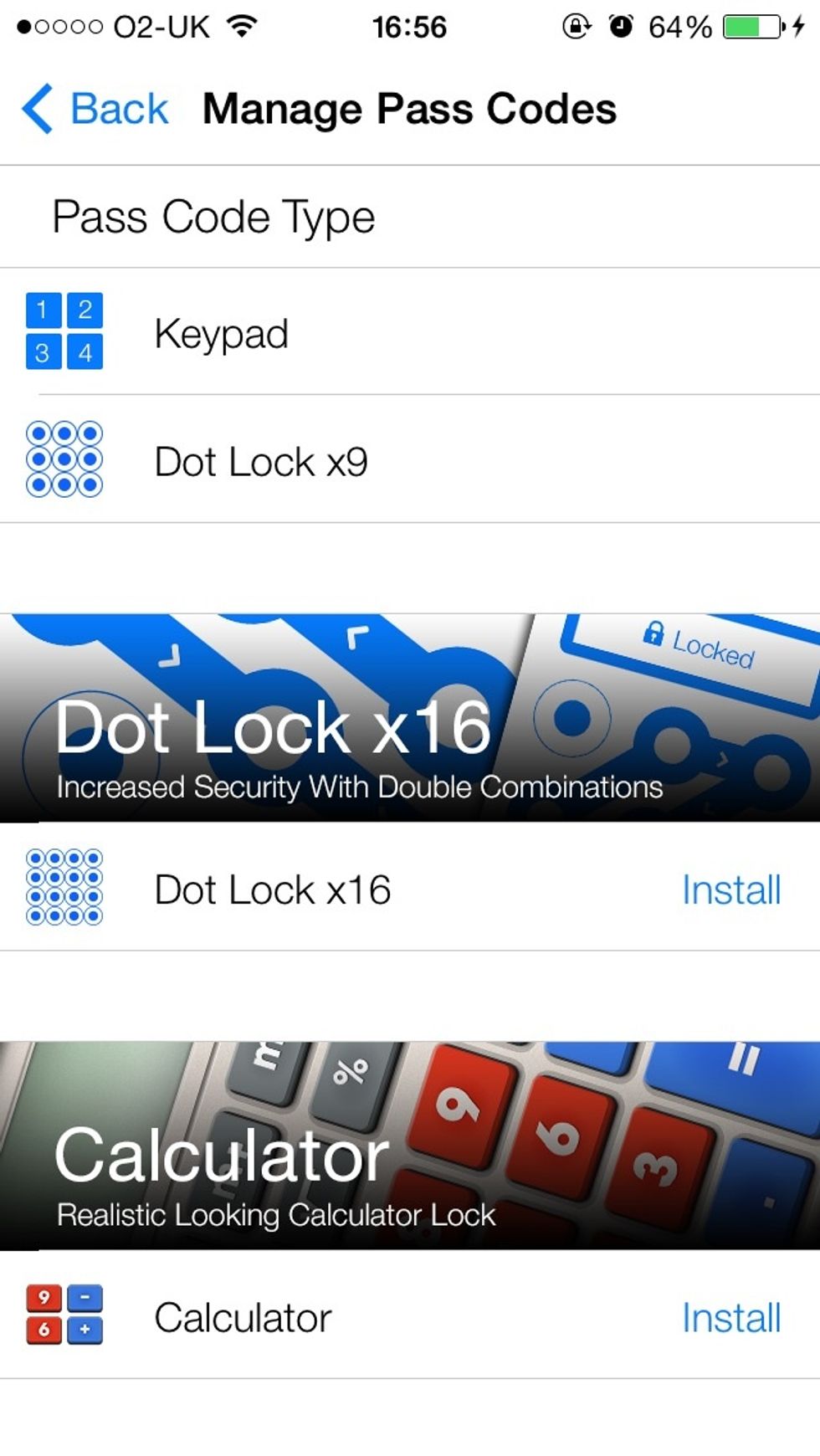 Once you are in the settings, there are many choices of locks you can choose from. In this example we will be using the Keypad Lock