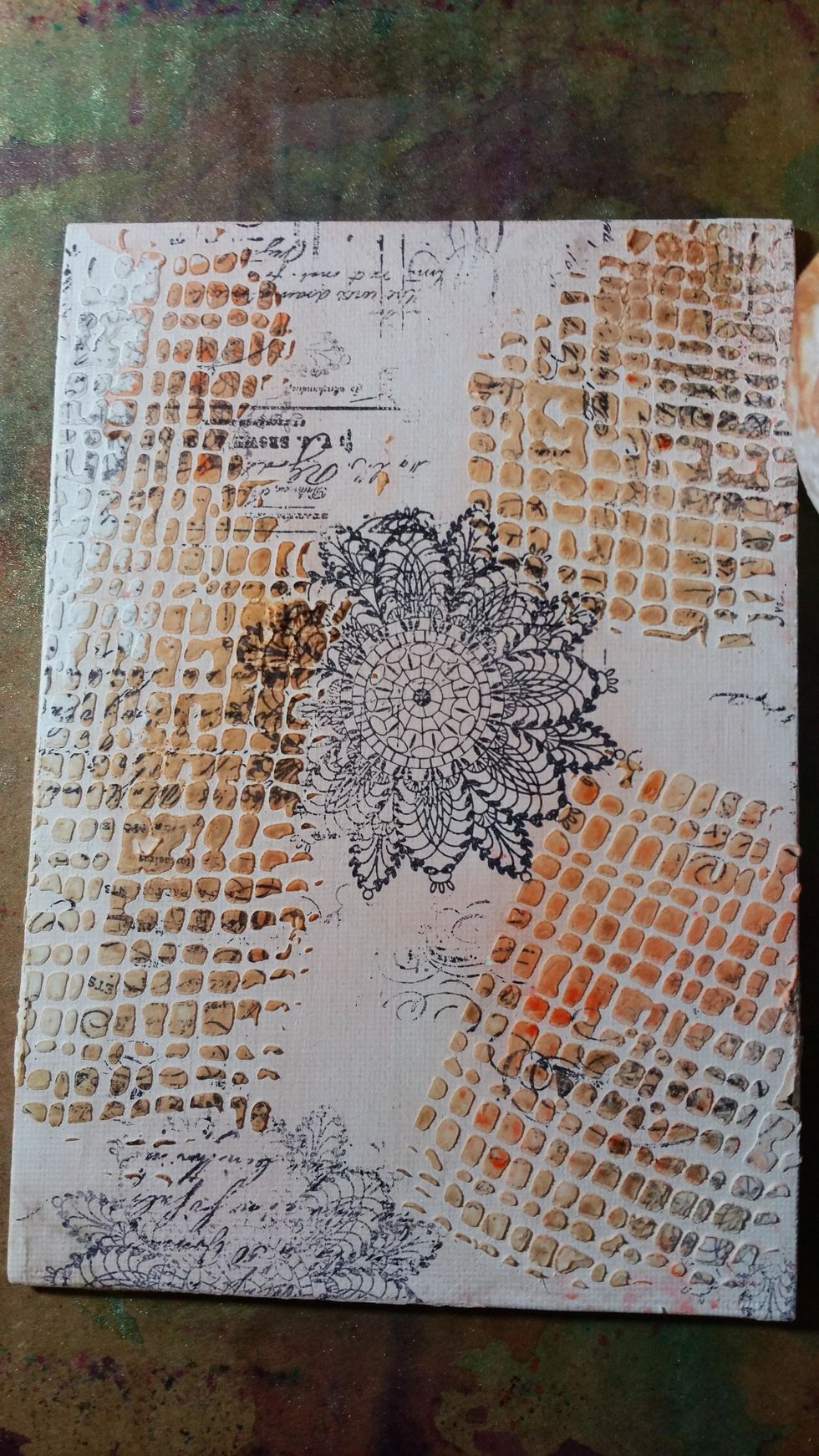 Once you choose stencil apply texture medium through it randomly on white gesso prepared canvas. Add stamps with black Archival Ink. I then started with my AA Colorations Spray in Juicy and Timeless.