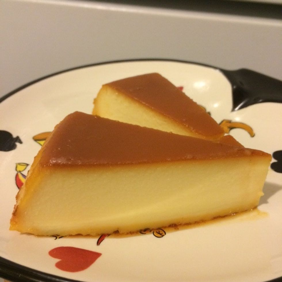 Once you cut a slice, you'll see the creaminess of the flan. Enjoy!