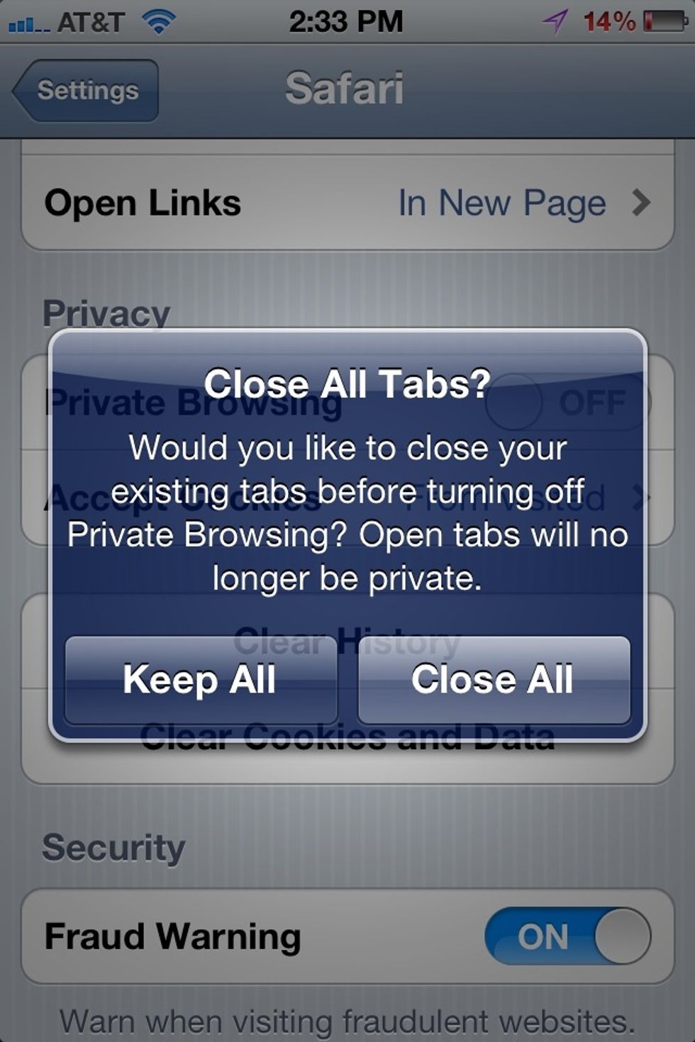 Once you enable it this pop up will appear. You have the option to keep all of your tabs up, or you can close them all. **You have this option when you disable it as well.