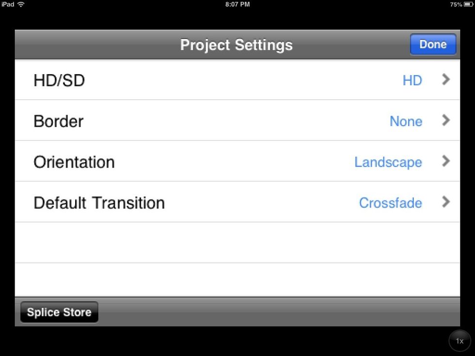 Once you enter a file name, you will see this screen. Choose the settings you want. You can get back to this screen at any time using the "settings" icon.