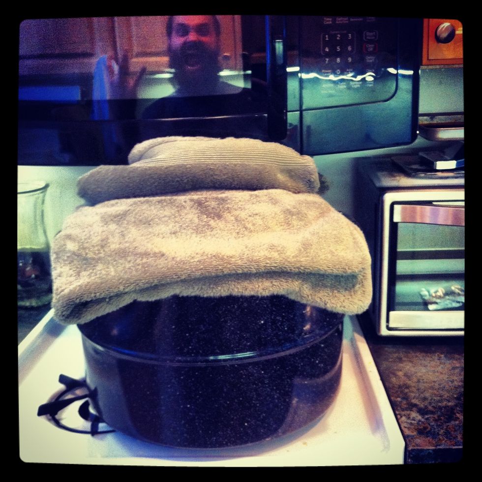 once you get to 150 degrees, turn the burner OFF. cover your pot with your wife's favorite bath towel. Leave the cheese cloth inside! let this sit for 40 minutes.