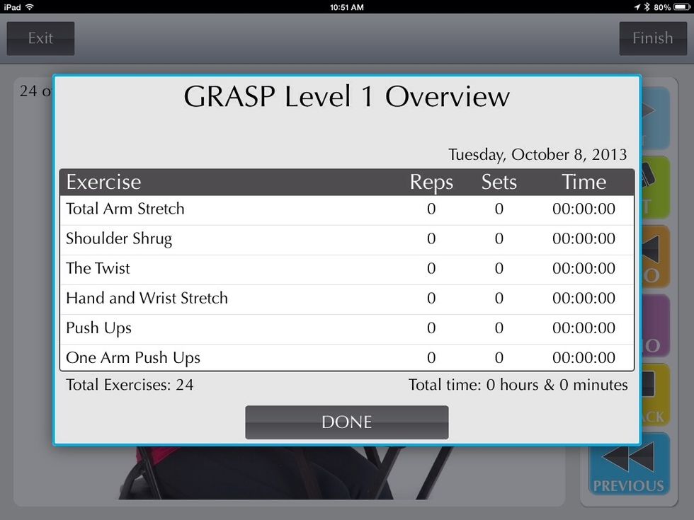 Once you go through all the exercises a overview of reps, sets, and time spent on each exercise will be provided.