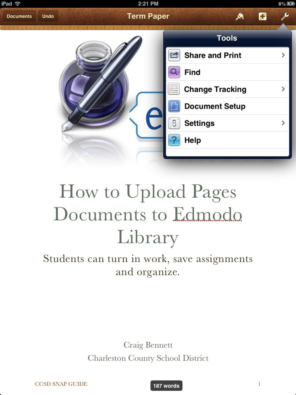Once you have a document to save, tap the wrench in the top right. Tap the Share and Print option.