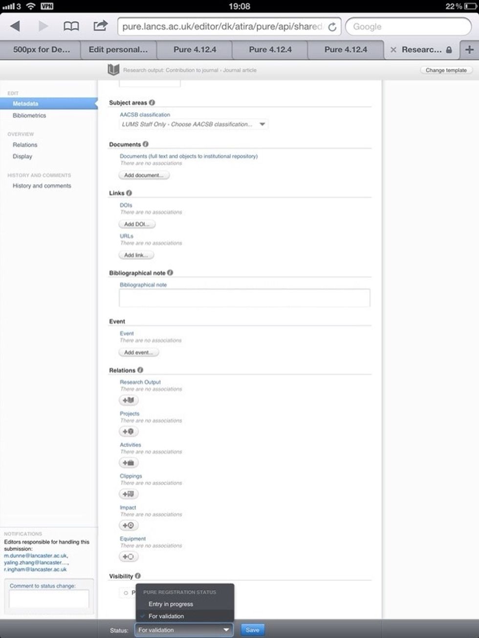 Once you have added all details, scroll to the very bottom. You will see a STATUS menu. Either SAVE draft for later (to add more info) or - if you have finished - select VALIDATION and press SAVE