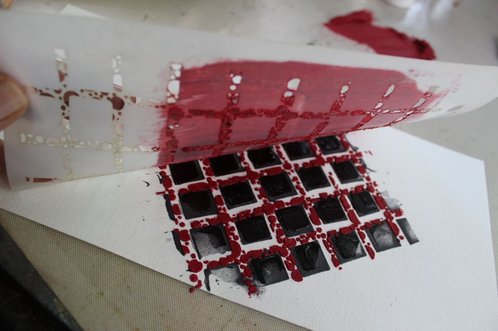 Once you have applied it over the entire area you chose remove the stencil. The quicker you are while doing this technique the better. That way the product will not bleed under. Set aside to dry.