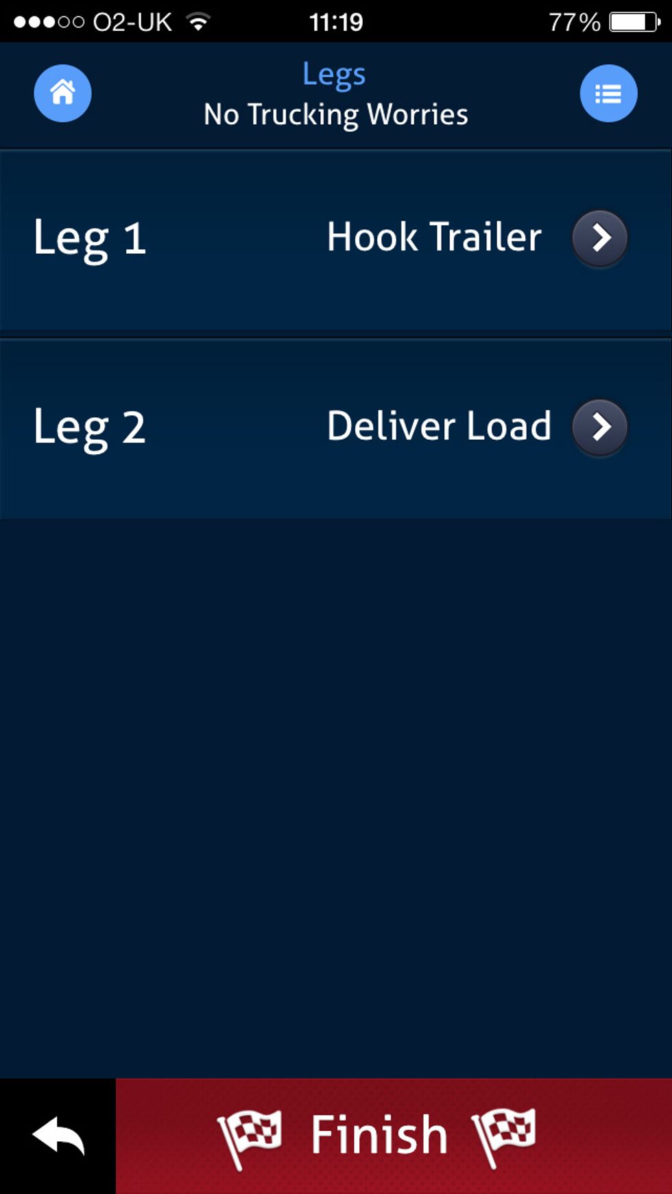 Once you have "Hit the Road" you can start the legs of your trip. By tapping on the relevant leg you can view the key information and tasks at hand.