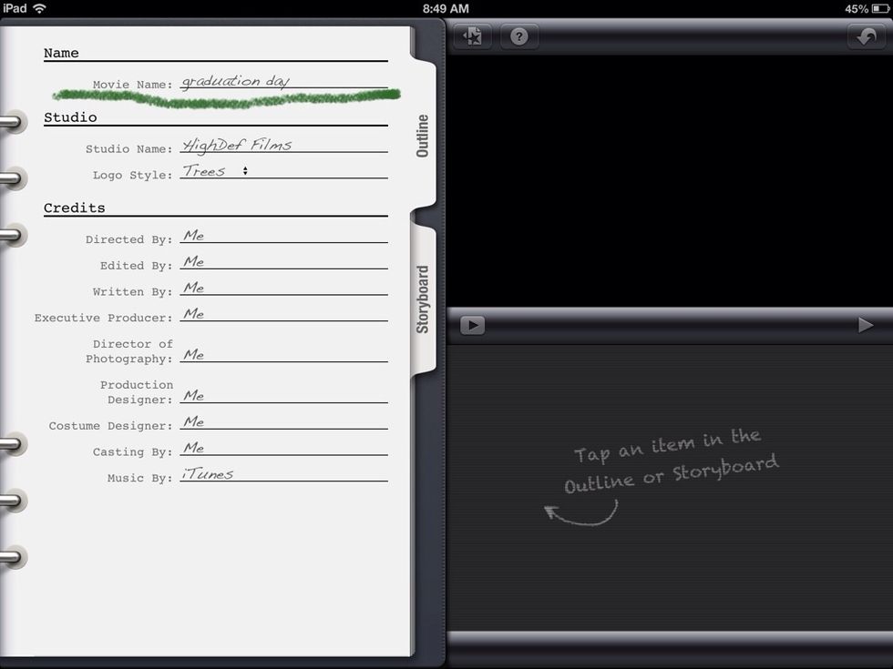 Once you have named your iMovie in the outline tab, move to the Storyboard tab to enter the text.