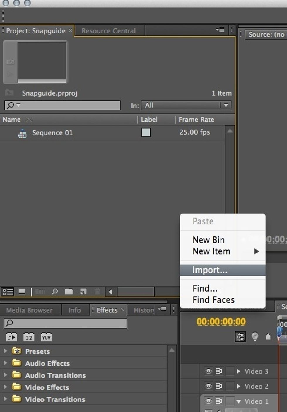 Once you have started the project, you can import your video by going to file>import, or by right clicking in your Project window.