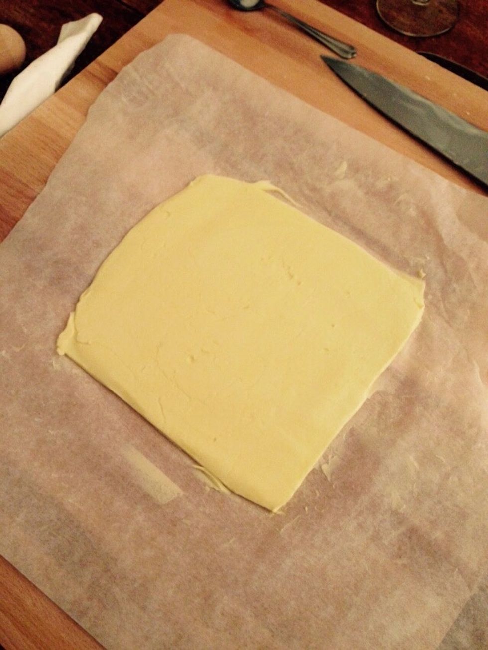 Once you have the butter slab even and square, cover it in film and place it in the fridge. 30min should be enough or just leave it overnight like the dough.