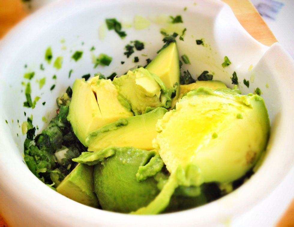 Once you have your chunky paste ready add top quality and ripe avocados and mash together. NOTE: Save one of the avocado stones.