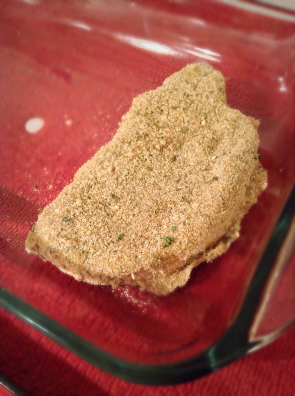 Once you have your double coating place your pork chops into a 9X13 dish.