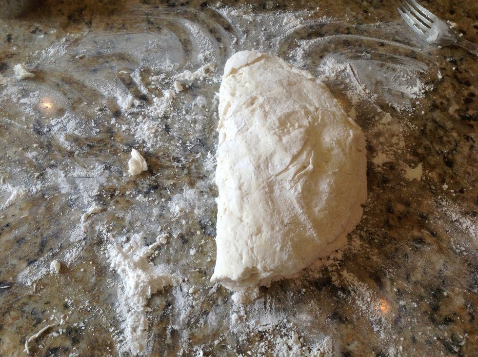 Once you have your mixture the right balance ( not too sticky wet or too dry), dump it onto a floured counter and flatten it gently with your hands. Then carefully fold in half.