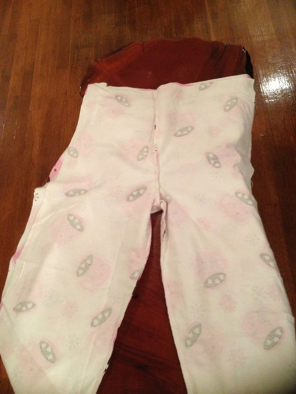 Once you have your pants turned the right way, sew 2 long straight stitches up both sides.