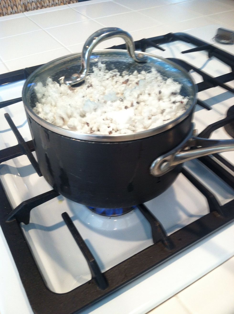 Once you hear a few seconds between pops and it slows down remove from heat and sprinkle with the sea salt