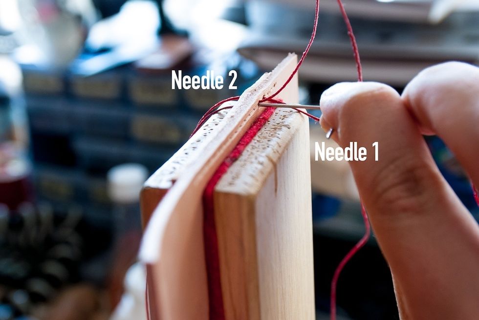 Once you pulled the needle through the hole, twist your right hand (holding both needles) towards you and push needle 2 through the same hole as the thread. Be careful not to pierce the thread!