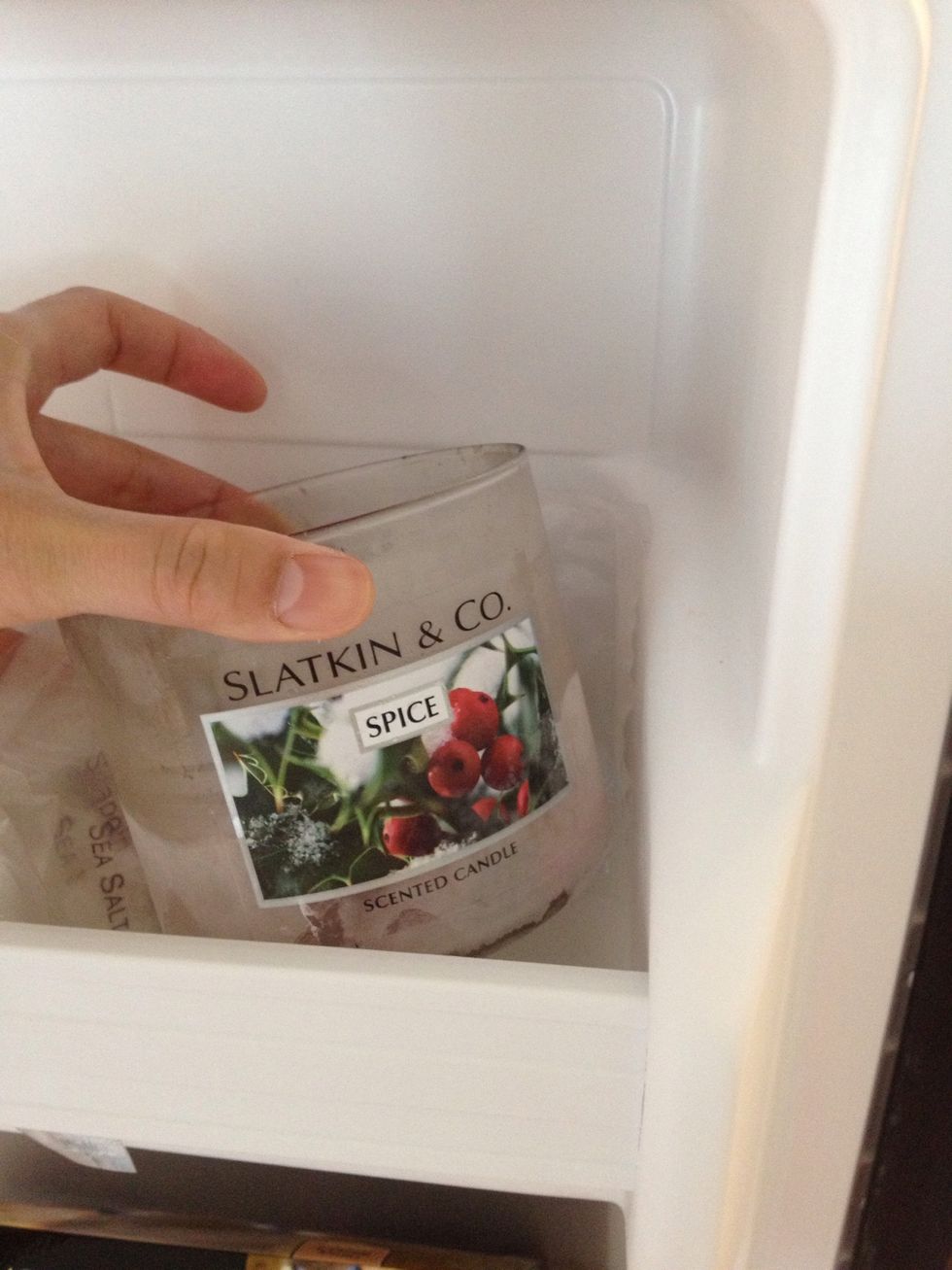 Once you're done with the candle jar, it'll have a little bit of candle left. Put the jar inside your freezer. Let it sit for at least an hour. I had forgotten about mine and left it in for days!