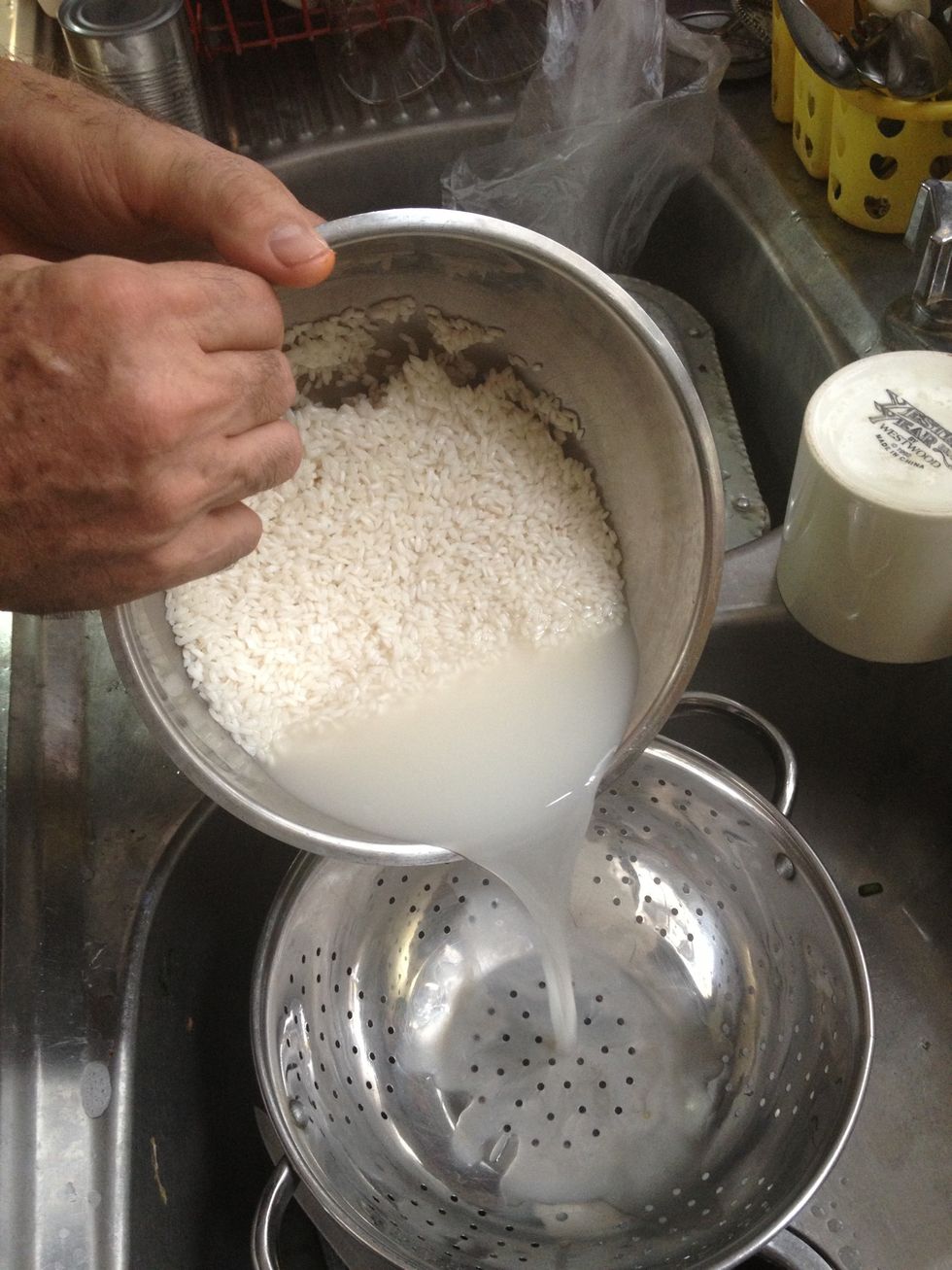 Once you're done with the chorizo, rinse the rice. (Throw that water away.)