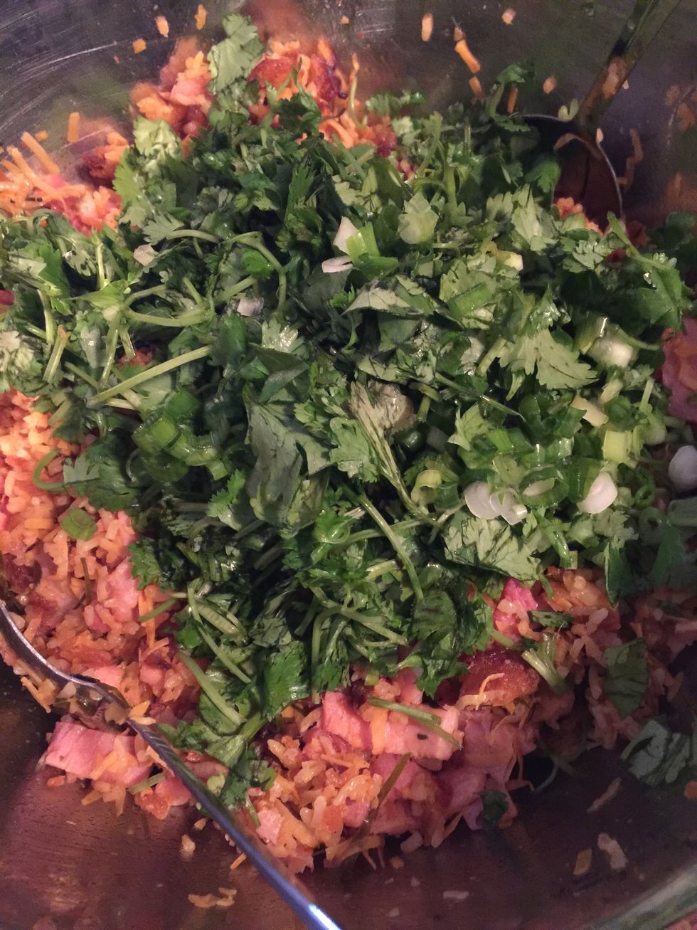Once you're satisfied with the taste, add in the herbs. I used cilantro and green onions. Mix.
