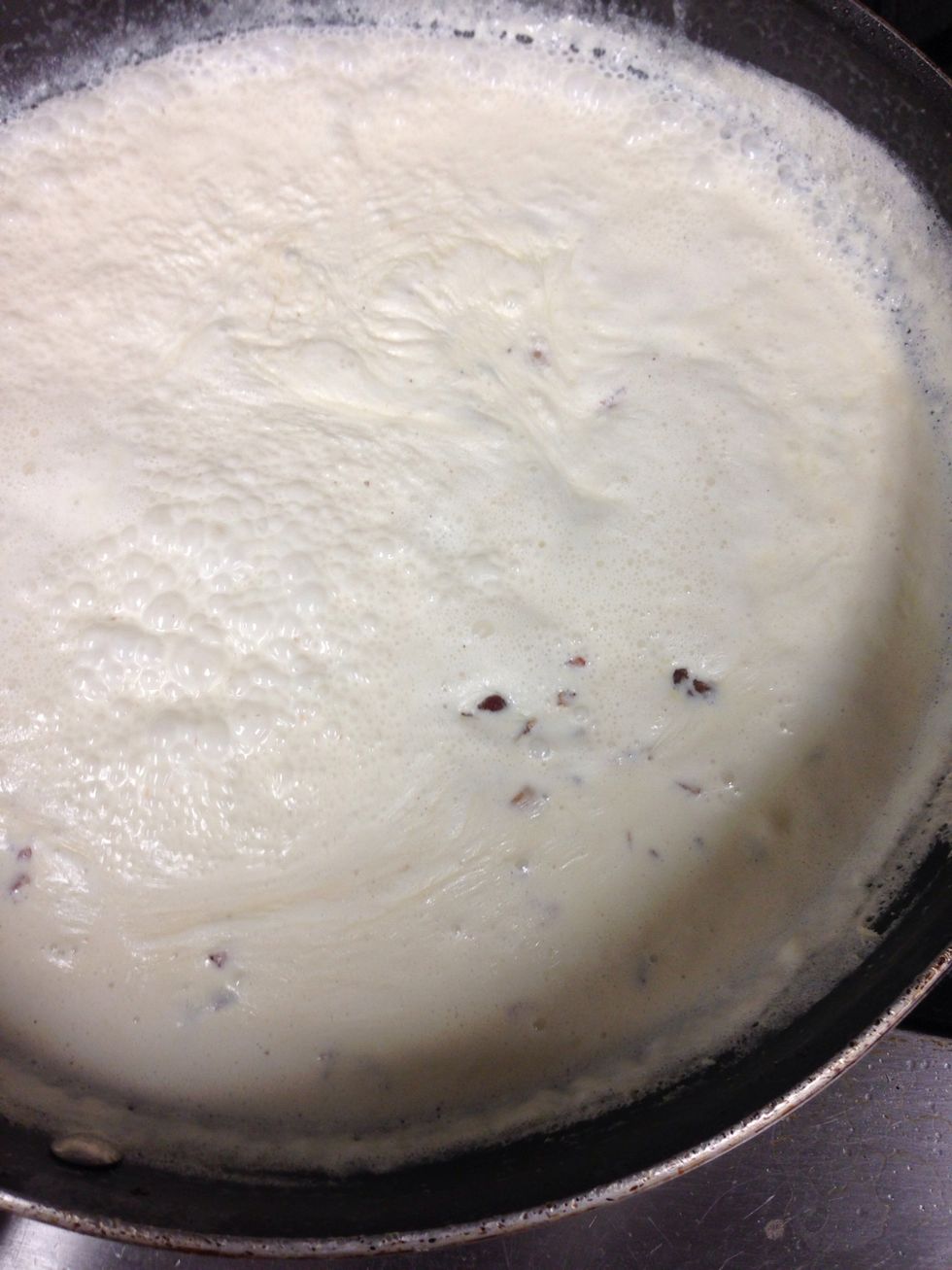 Once you reduce it to the consistency you want ( mine is thick enough to coat Brussels sprouts) put bacon in and salt and pepper to taste