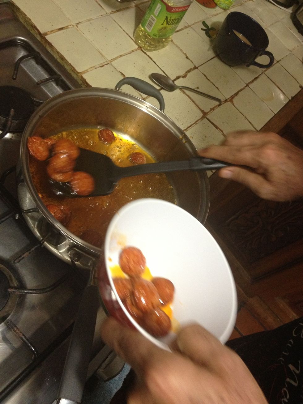 Once you remove the chorizo lower the flame to a min.