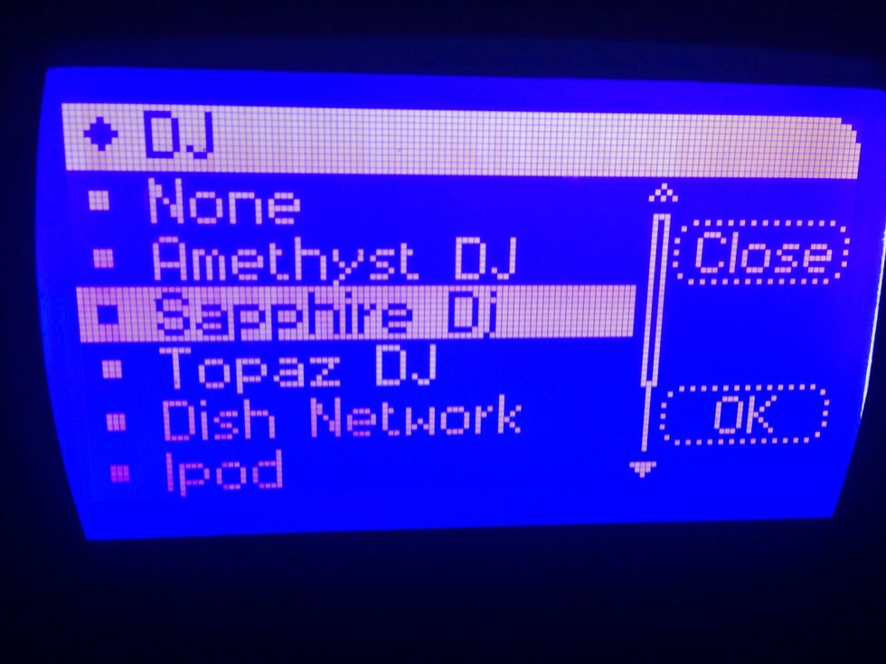 Once you select "DJ," or "Ceiling" you will see the menu of music sources. -To switch a source, highlight it and touch "OK." (Ignore "Dish Network" for now)