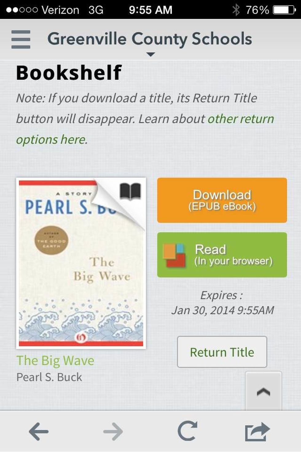 Once you've borrowed a book you can download it for offline reading or you can just read it in your browser. Notice the date your book will expire and the button to return it early.