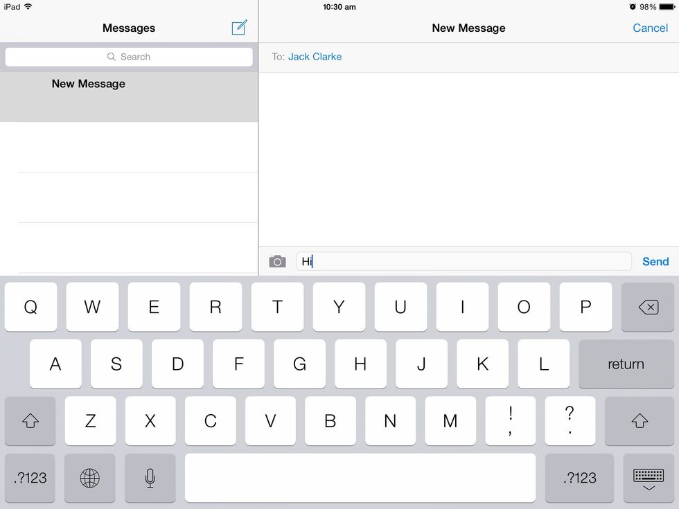Once you've chosen your contact you click on the type bar where you can type the message. Eg. 'Hi'.