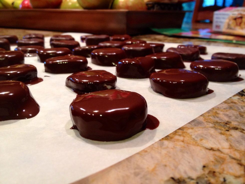 Once you've coated all of them, leave the tray out or place it in the fridge for the chocolate to set up.