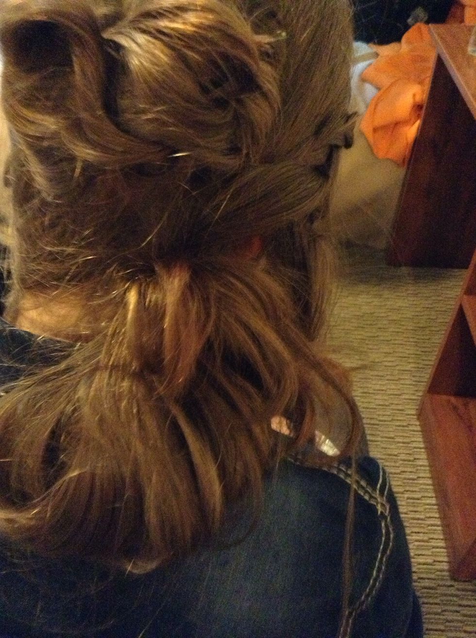Once you've got about half the hair pinned up--especially with long hair-- you'll probably want to pull the bottom half into a loose bun with a pony tail :)
