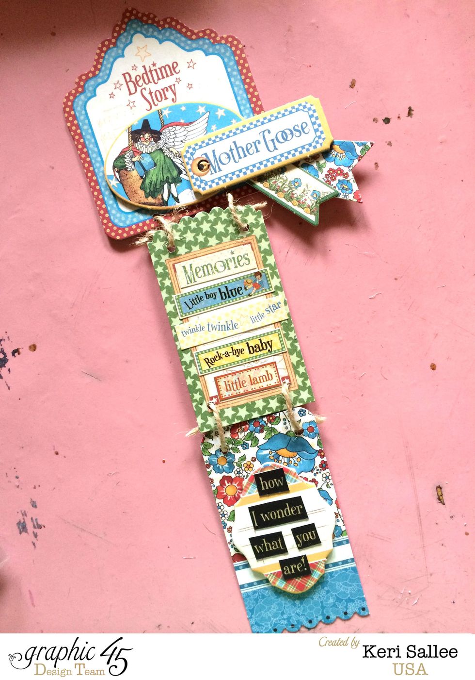 Once you've punched your holes, connect your tags with a little Canvas Corp hemp and decorate with words, chipboard and banners.