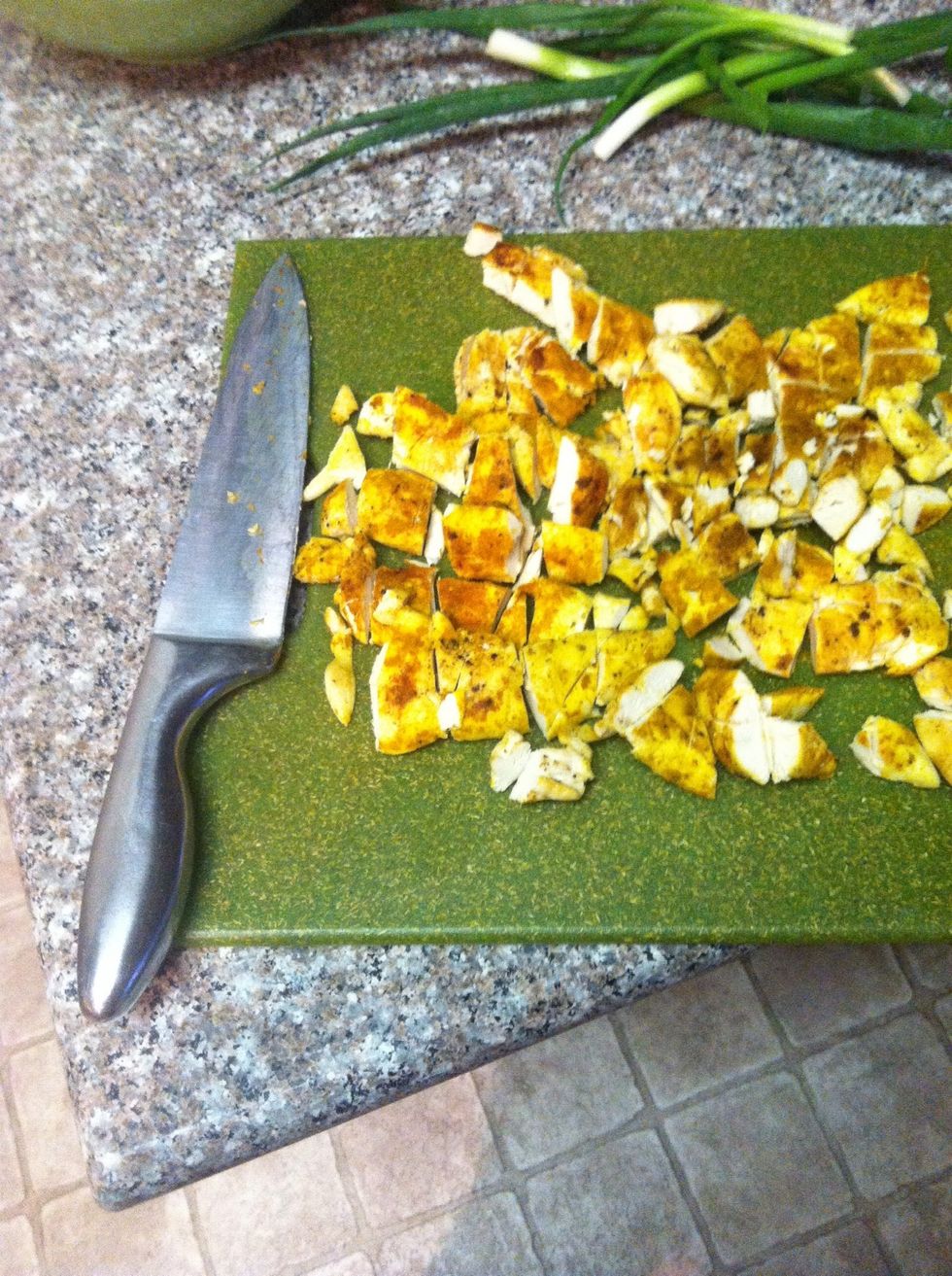 Once your chicken is cooked- it will be nice and yellow. Avoid touching the chicken from here on out and as u chop the chicken. Unless u like Oompa Loompa hands :)
