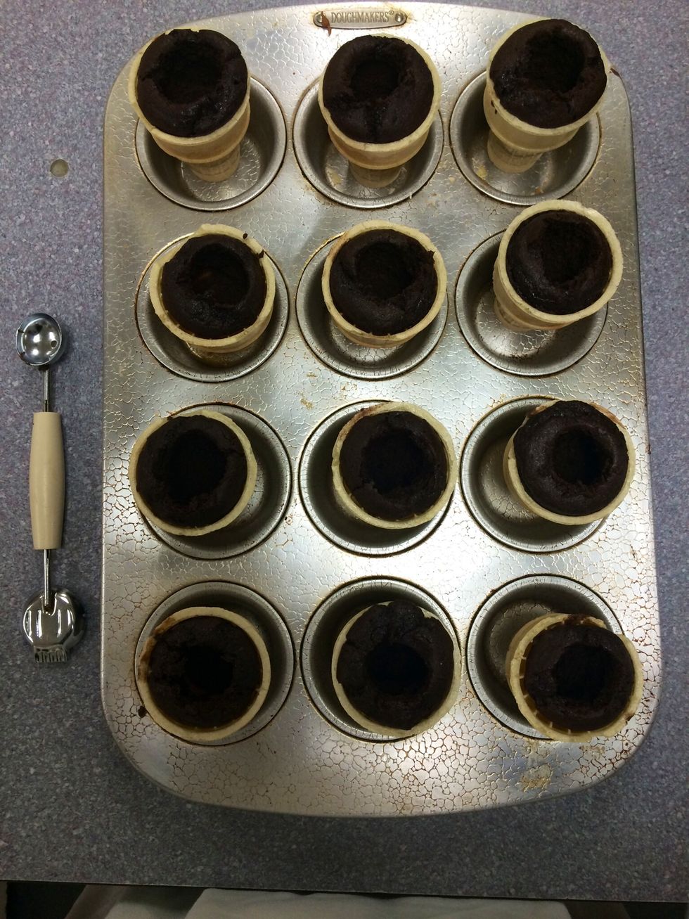 Once your chocolate cake cones are done baking, take out of the oven and let cool. Once they are cooled, take a melon baller and scoop out a quarter sized hole in the cake top.