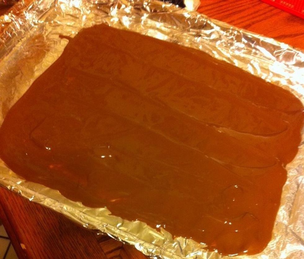 Once your chocolate is completely spread into an even layer you can wait about 5 minutes and begin placing your extra graham cracker sheets onto the chocolate.