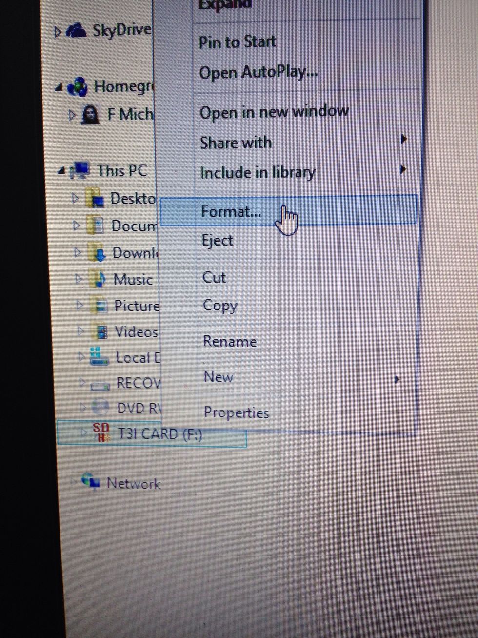 Once your computer recognizes the card, right-click on it. Then select "Format."