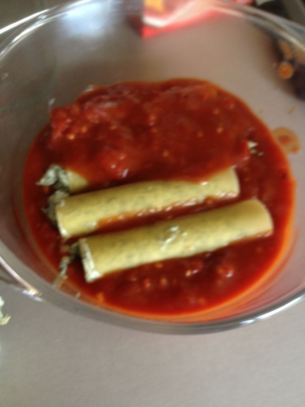 Once your layer is complete cover with more of the tomato sauce. Unfortunately I do not have an appropriate dish in the Caravan so I will be stacking my cannelloni. It is better to have flat layer.