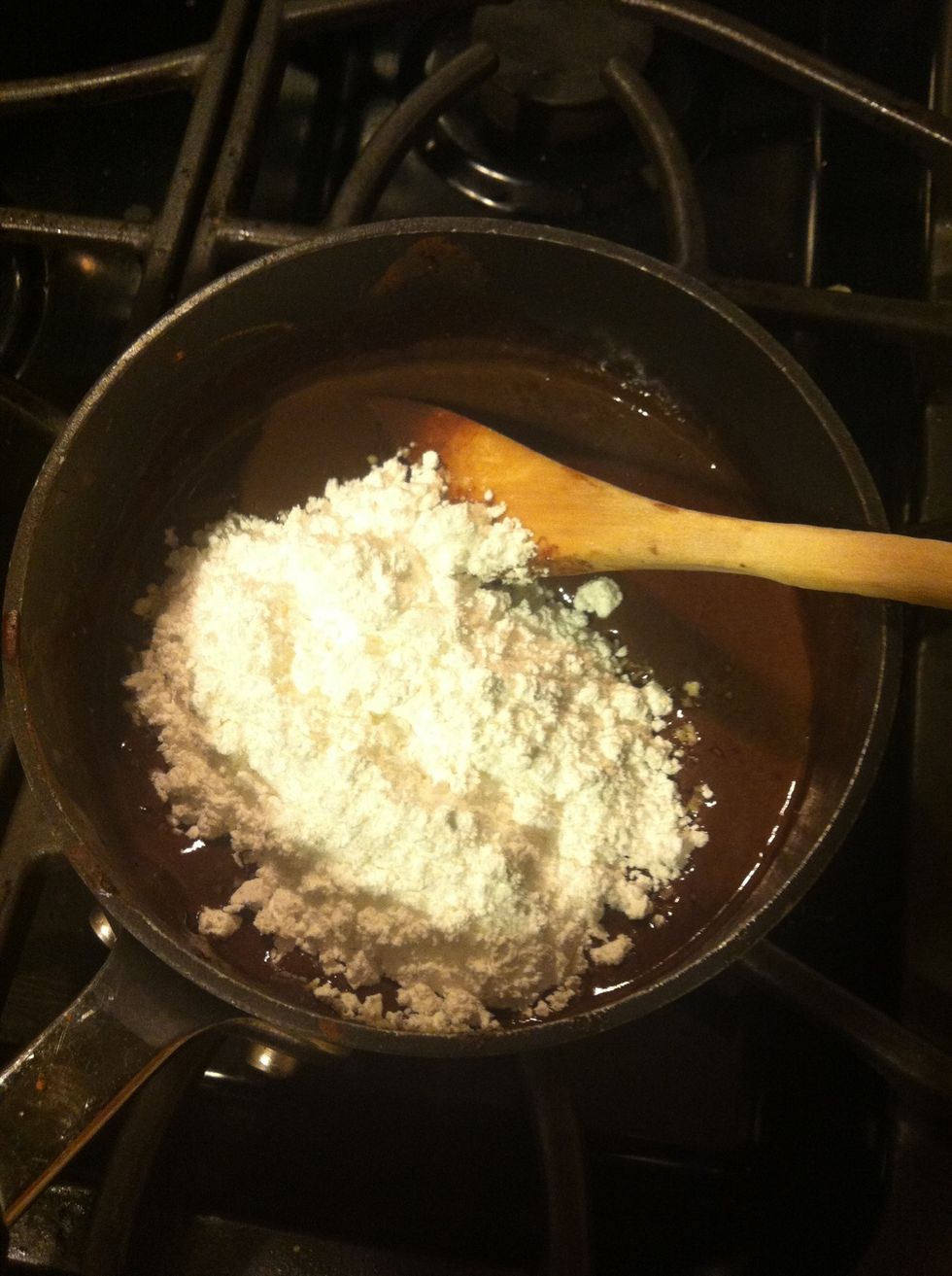 Once your mixture has become glossy, turn off heat. Add your powdered sugar. You may want to sift your powdered sugar to prevent lumps. Otherwise blend well.